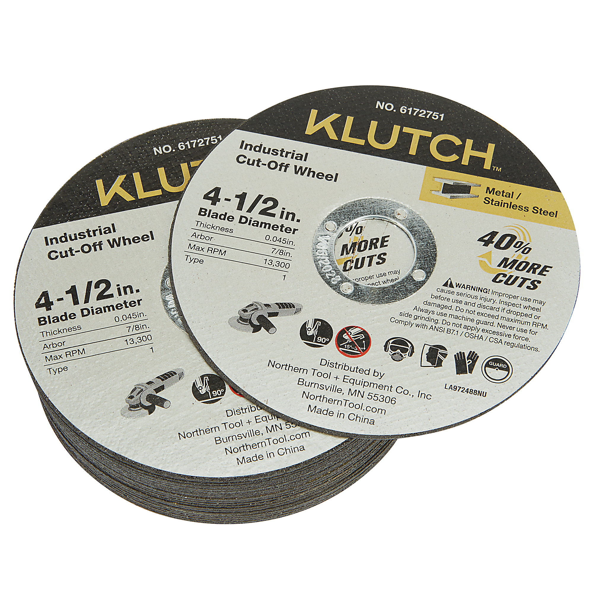 Klutch Industrial Metal Cutoff Wheels, 4-1/2in. x 0.045in. x 7/8in., Type 1, 25-Pk.